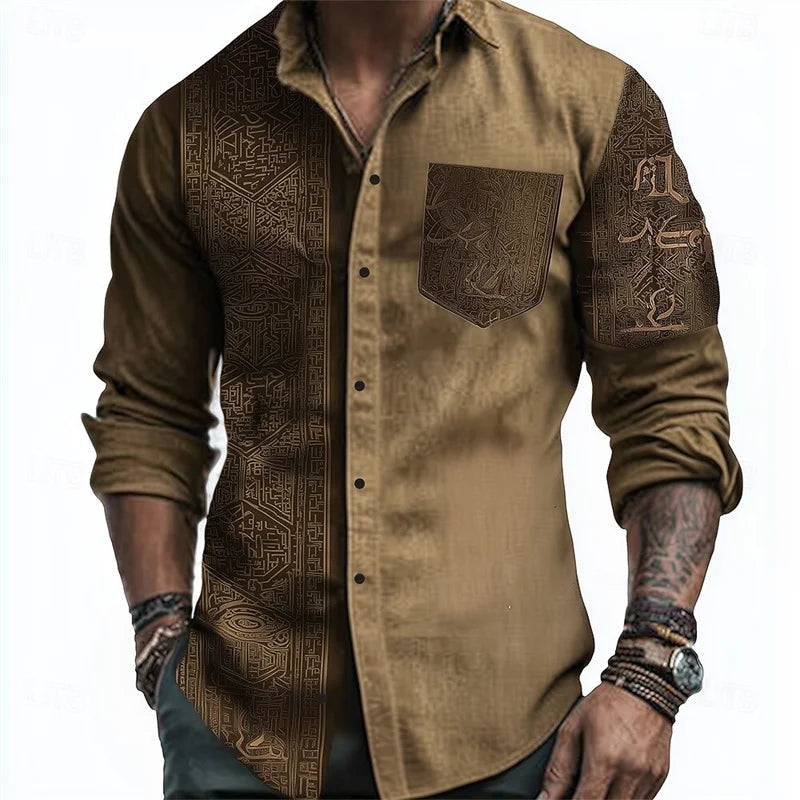 New men's 3D reindeer print shirt men's long sleeved shirt casual button loose top ethnic retro collar shirt